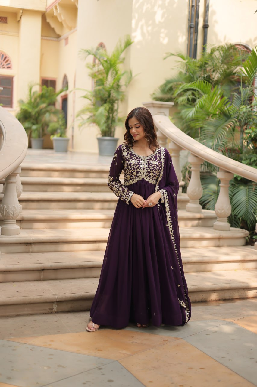 Awesome Maroon And Wine Color Embroidered Work Kalamkari Border Gown
