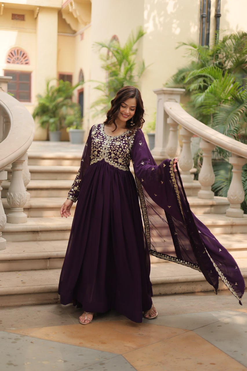 Awesome Maroon And Wine Color Embroidered Work Kalamkari Border Gown