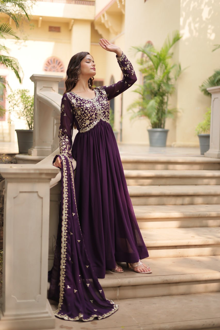 Awesome Maroon And Wine Color Embroidered Work Kalamkari Border Gown