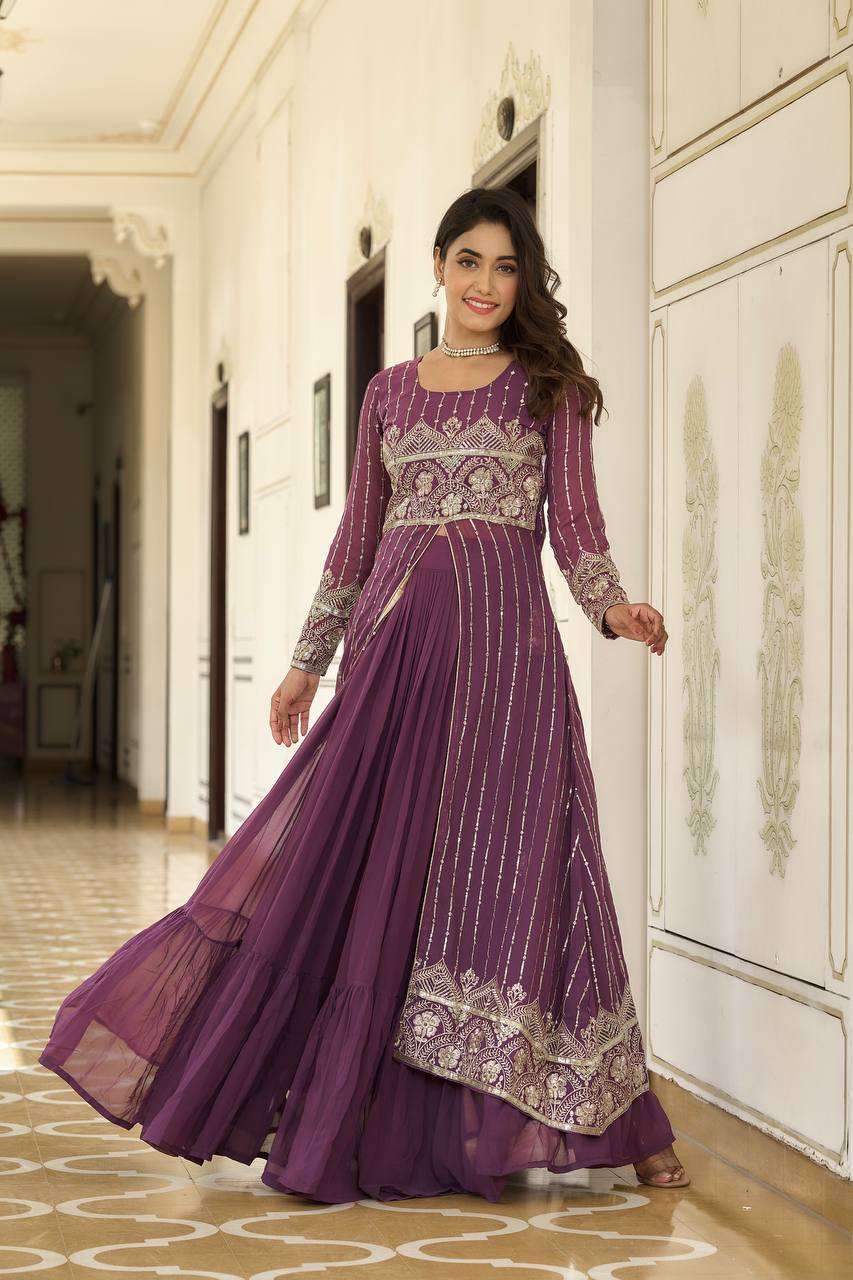 Fantastic Georgette Wine & Sky Color Lehenga Choli