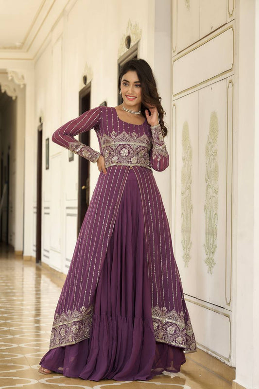 Fantastic Georgette Wine & Sky Color Lehenga Choli