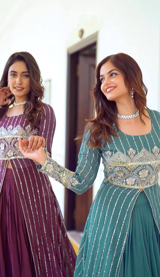 Fantastic Georgette Wine & Sky Color Lehenga Choli