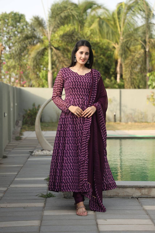 Beautiful Digital Print Full Sleeves Purple Anarkali Suit