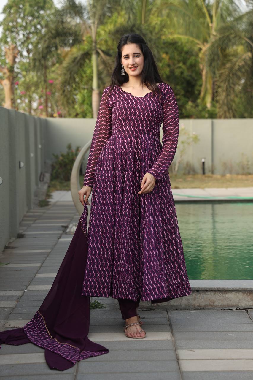 Beautiful Digital Print Full Sleeves Purple Anarkali Suit
