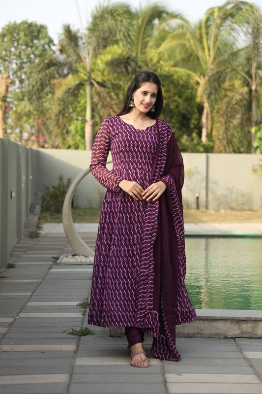 Beautiful Digital Print Full Sleeves Purple Anarkali Suit