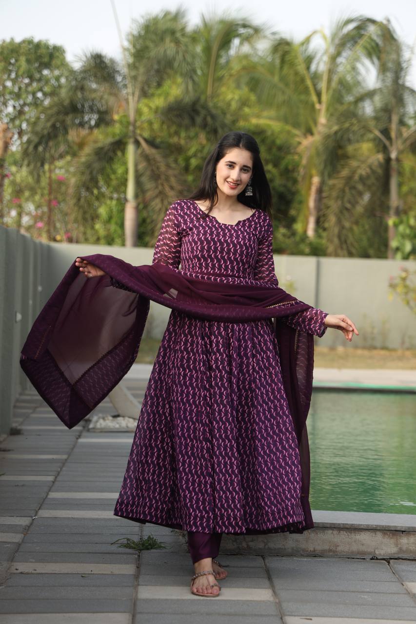 Beautiful Digital Print Full Sleeves Purple Anarkali Suit