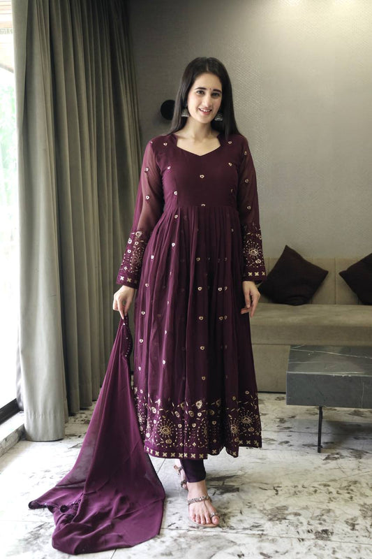 Preferable Embroidery Work Wine Color Gown TD-6033