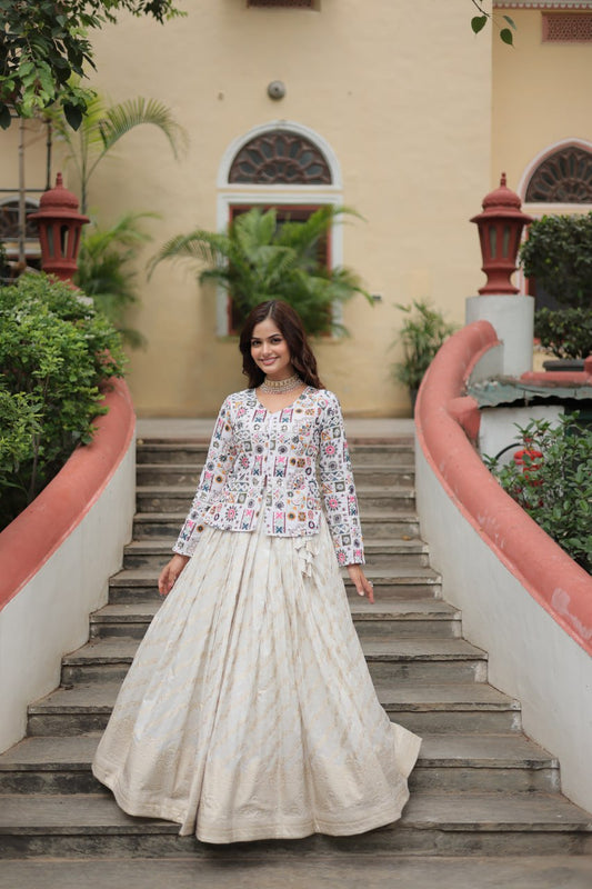 Delightful Viscose Jequard White Color Top With Lehenga