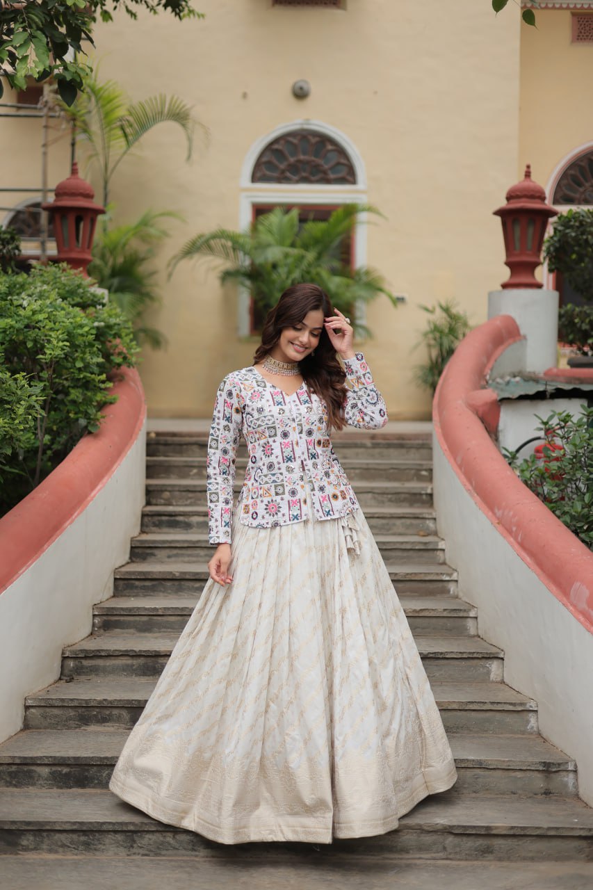 Delightful Viscose Jequard White Color Top With Lehenga