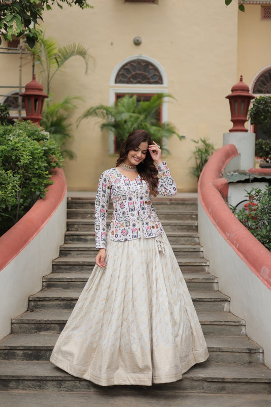 Delightful Viscose Jequard White Color Top With Lehenga