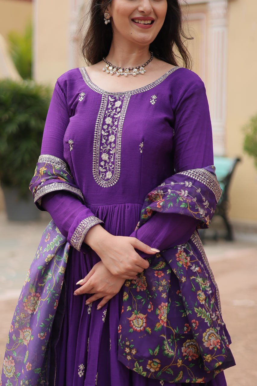 Fabulous Purple And Wine Color Embroidered Work Kalamkari Border Gown