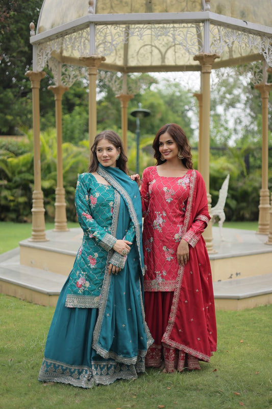 Embellished Chinnon Printed Teal Blue & Pink Color Shararan Suit