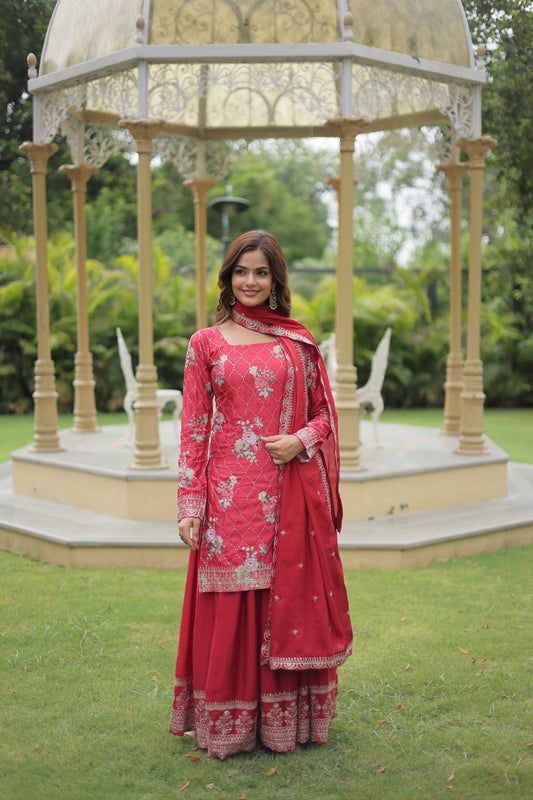 Embellished Chinnon Printed Teal Blue & Pink Color Shararan Suit