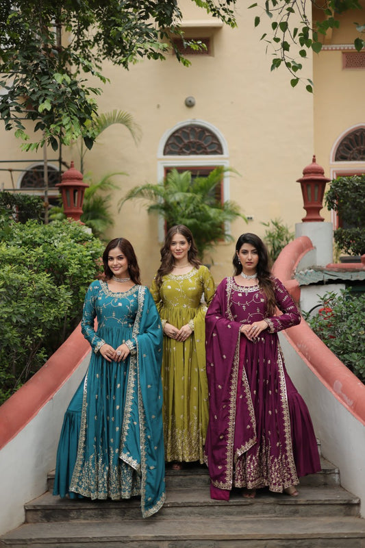 Wonderful Chinon Heavy Work Sky, Perrot & WIne Color Gown