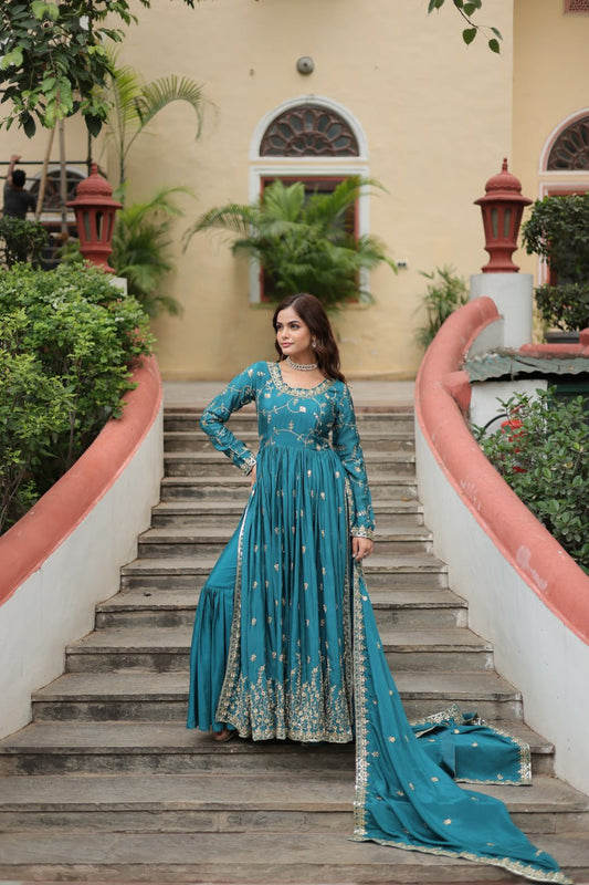 Wonderful Chinon Heavy Work Sky, Perrot & WIne Color Gown