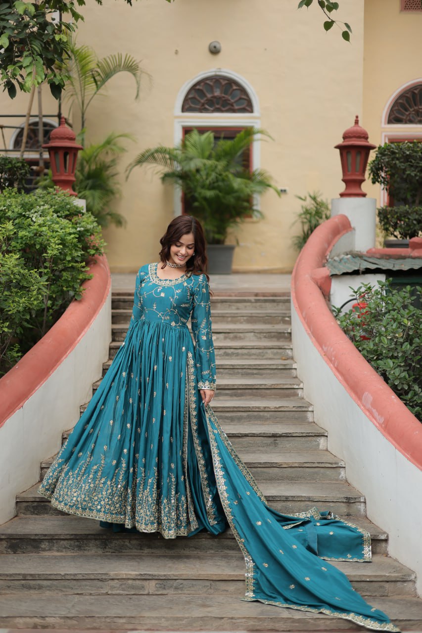 Wonderful Chinon Heavy Work Sky, Perrot & WIne Color Gown