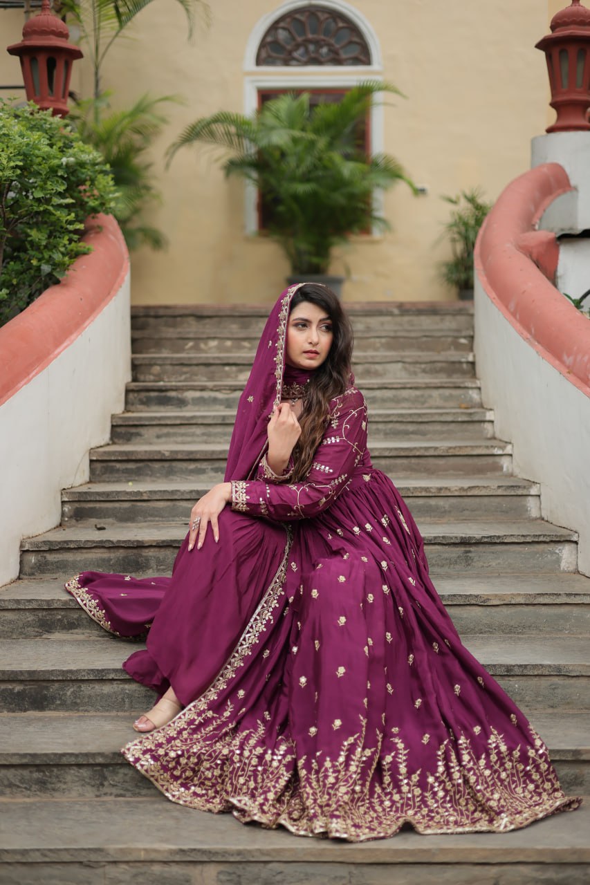 Wonderful Chinon Heavy Work Sky, Perrot & WIne Color Gown