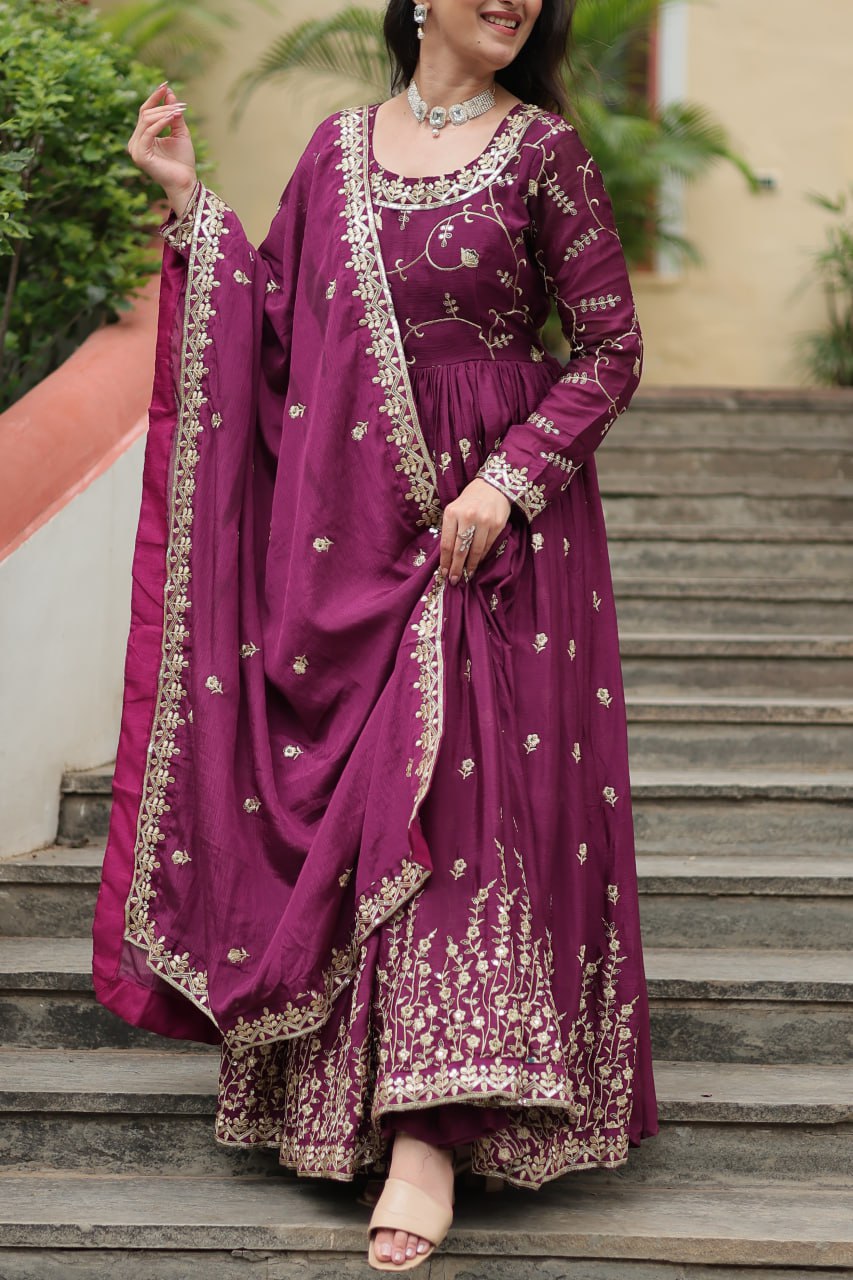 Wonderful Chinon Heavy Work Sky, Perrot & WIne Color Gown
