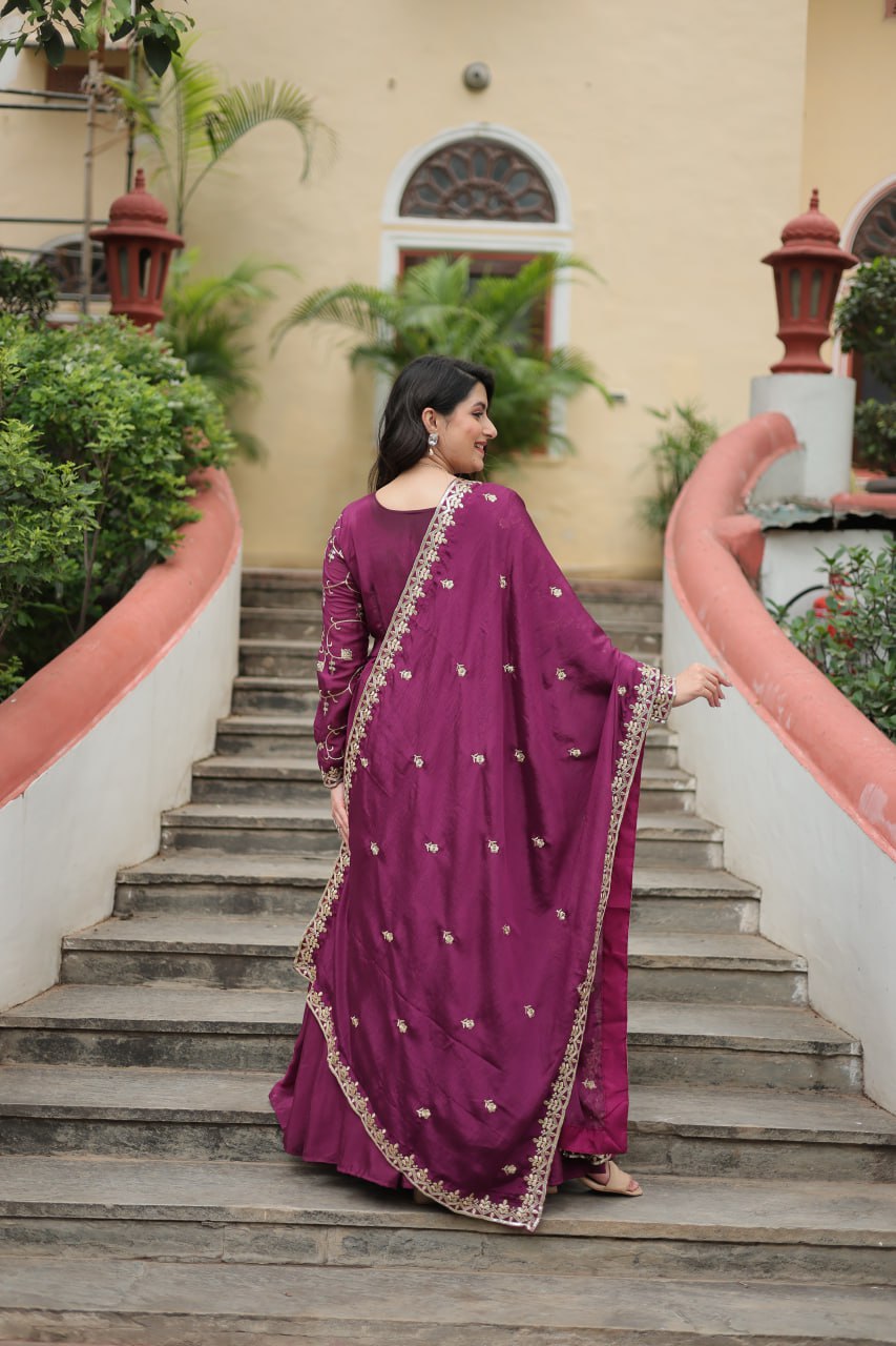Wonderful Chinon Heavy Work Sky, Perrot & WIne Color Gown