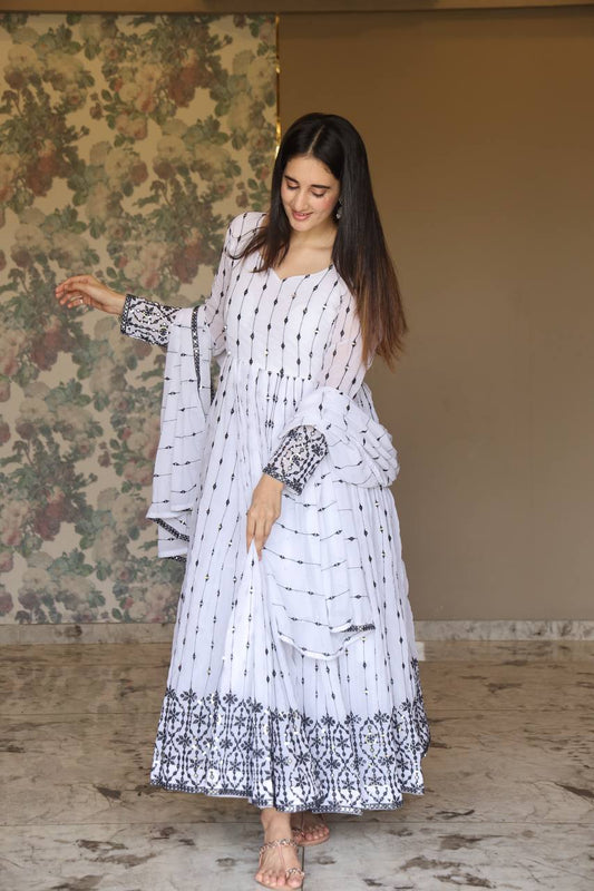 Imposing Black Embroidery Work White Color Gown TD-6036