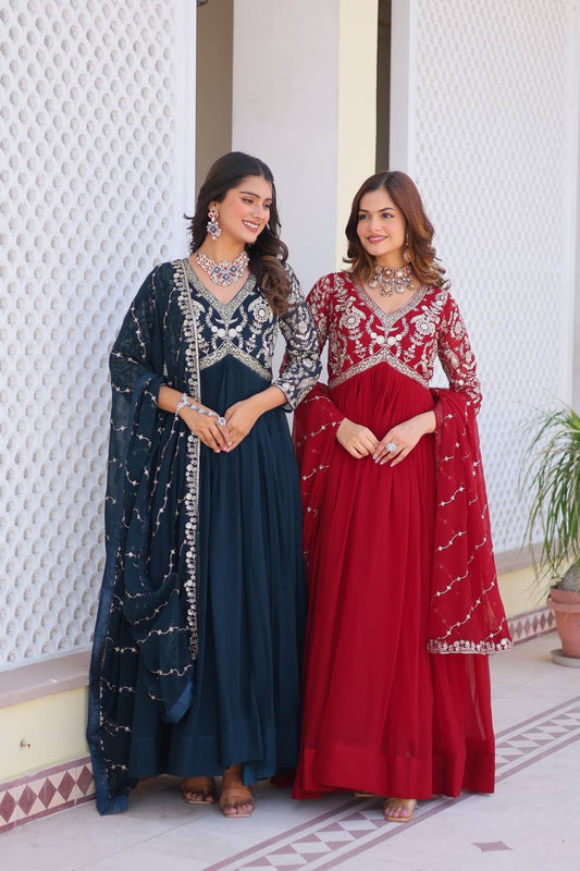 Festive Wear Georgette Navy Blue & Red Color Gown