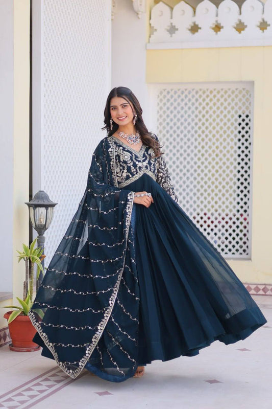 Festive Wear Georgette Navy Blue & Red Color Gown