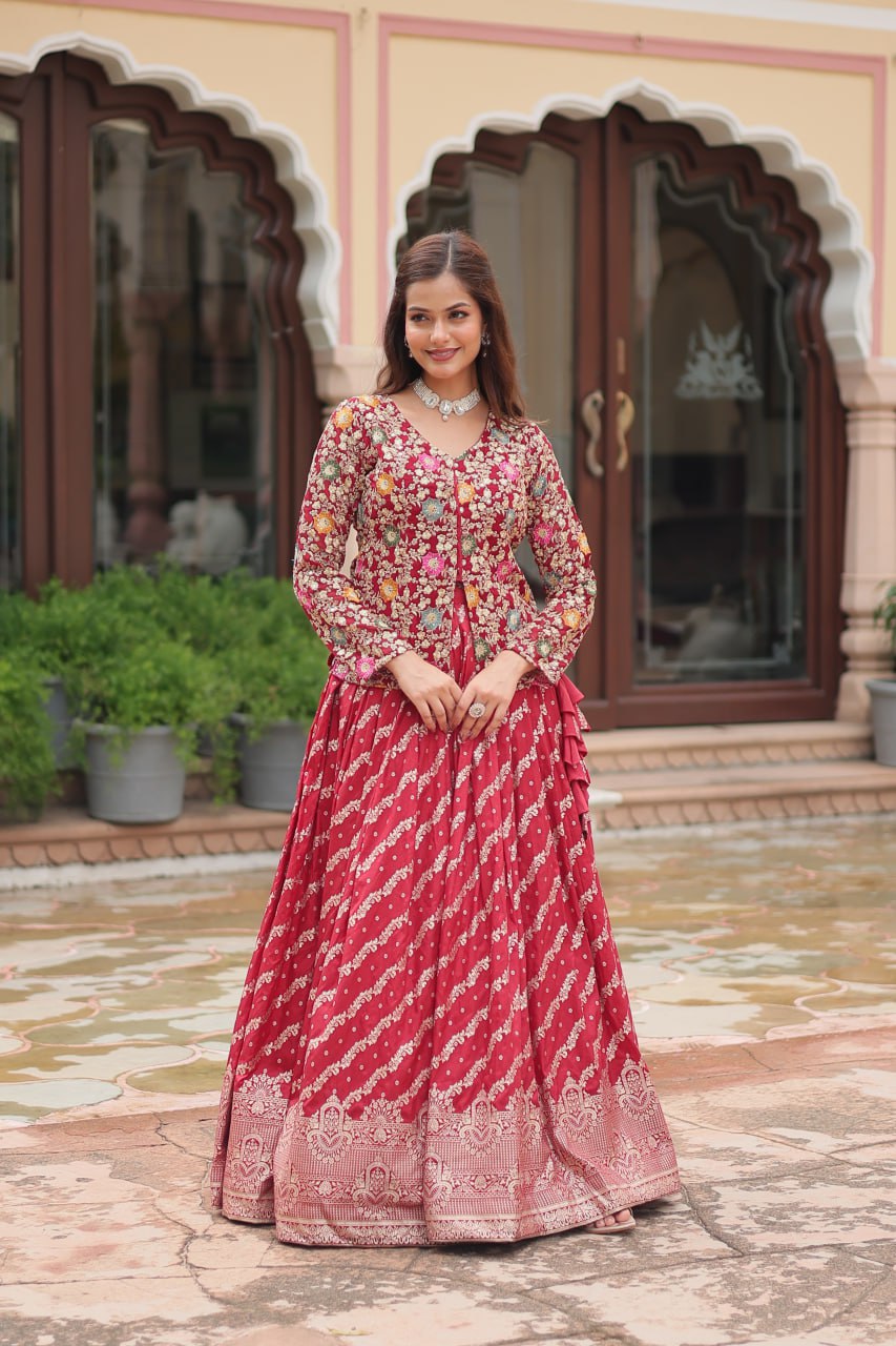 Peaceful Maroon Color Viscose Jequard Top With Lehenga