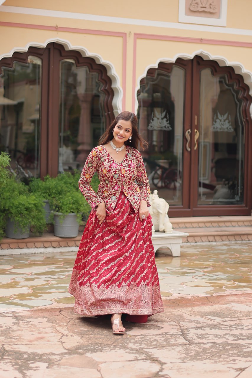 Peaceful Maroon Color Viscose Jequard Top With Lehenga