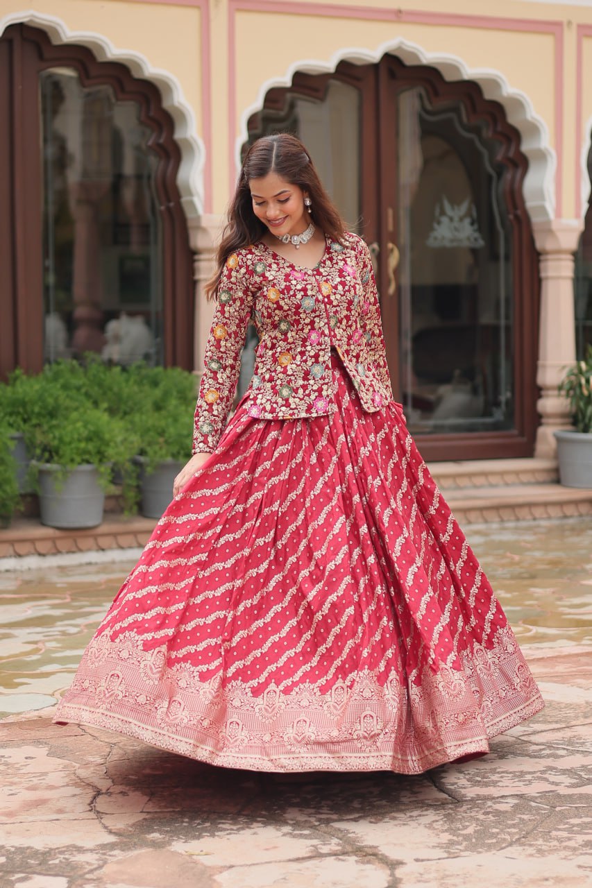 Peaceful Maroon Color Viscose Jequard Top With Lehenga