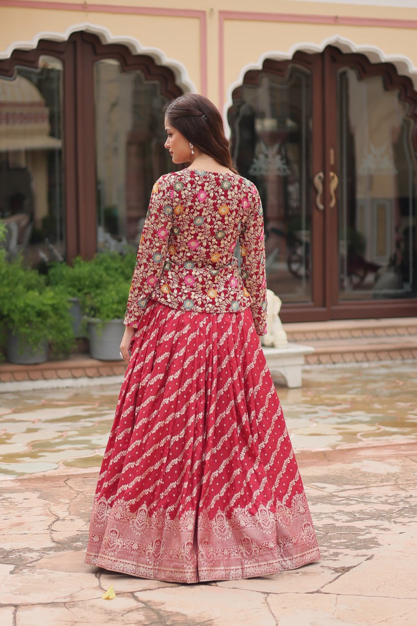 Peaceful Maroon Color Viscose Jequard Top With Lehenga