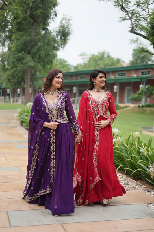 Blissful Embroidered Work Purple And Red Color Gown