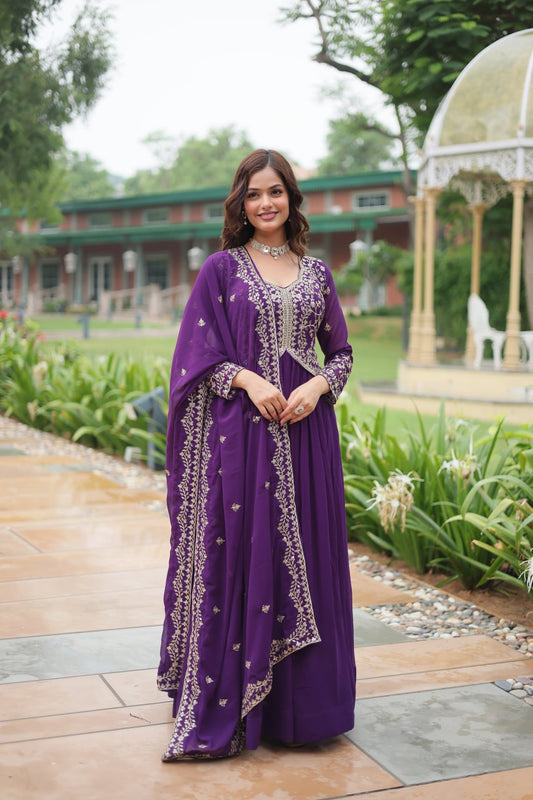 Blissful Embroidered Work Purple And Red Color Gown