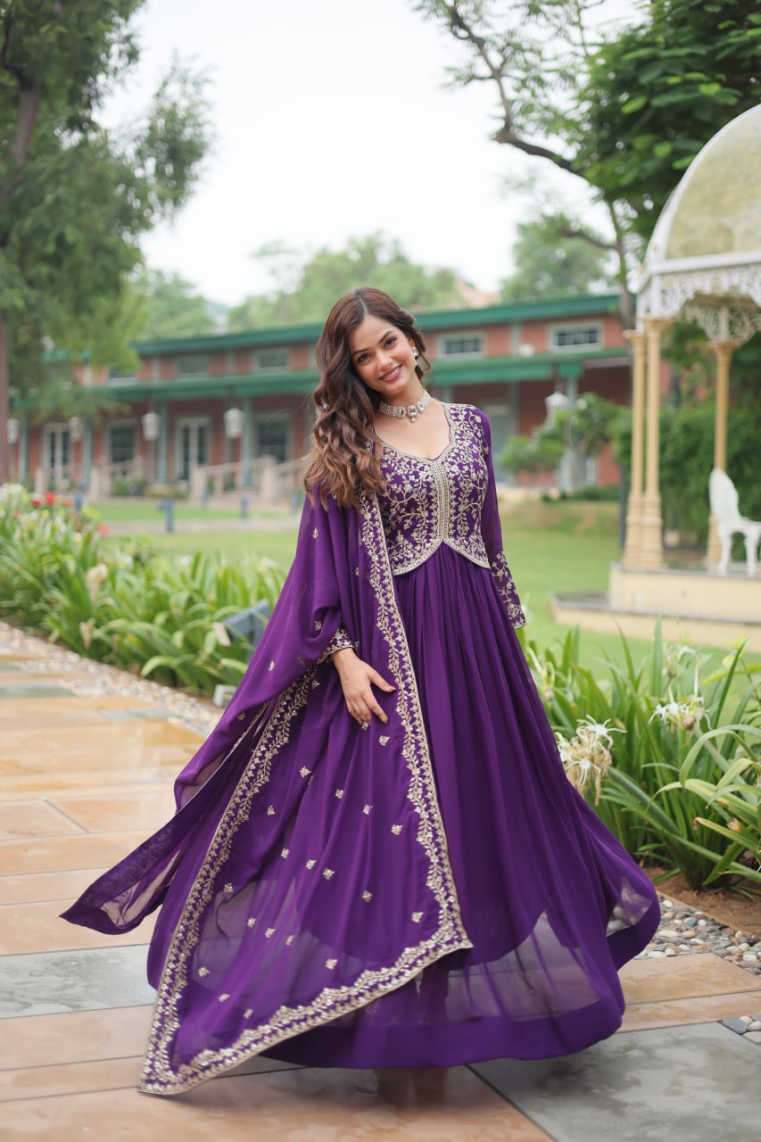 Blissful Embroidered Work Purple And Red Color Gown