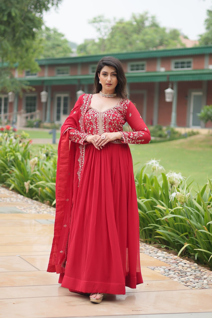 Blissful Embroidered Work Purple And Red Color Gown
