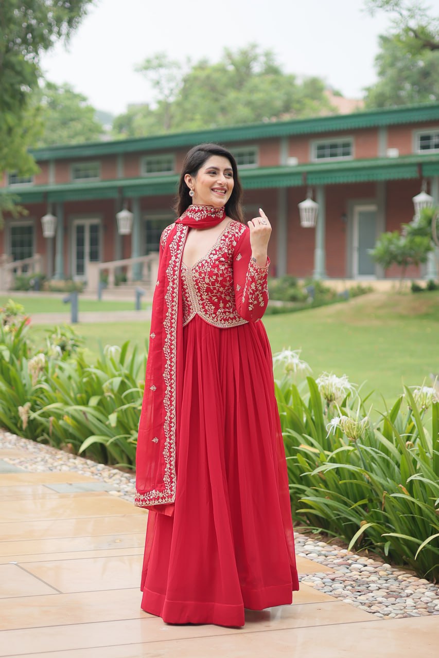 Blissful Embroidered Work Purple And Red Color Gown
