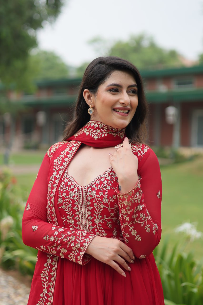 Blissful Embroidered Work Purple And Red Color Gown
