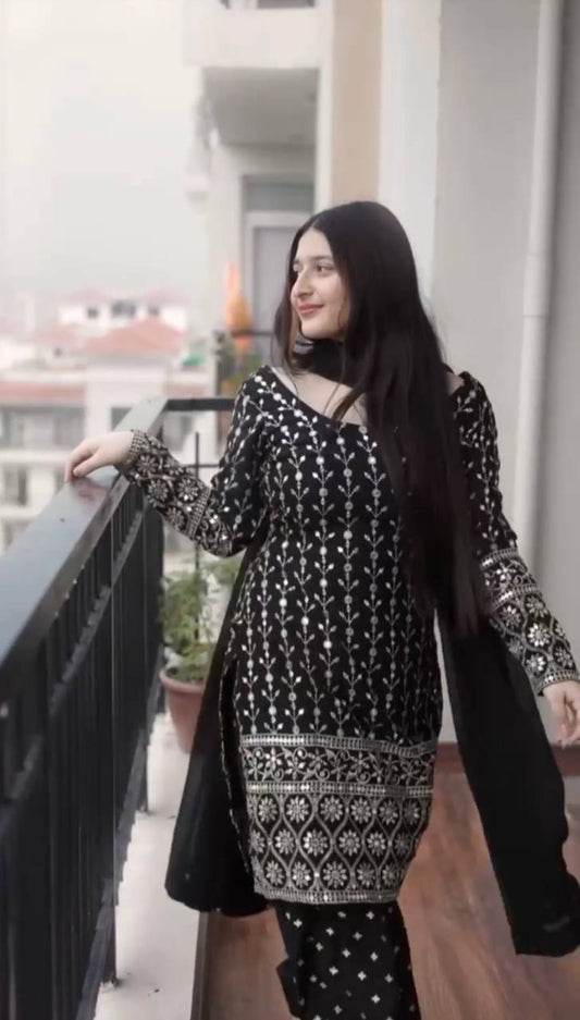 Punjabi Style Heavy Work Black Color Kurti Set TD-6038