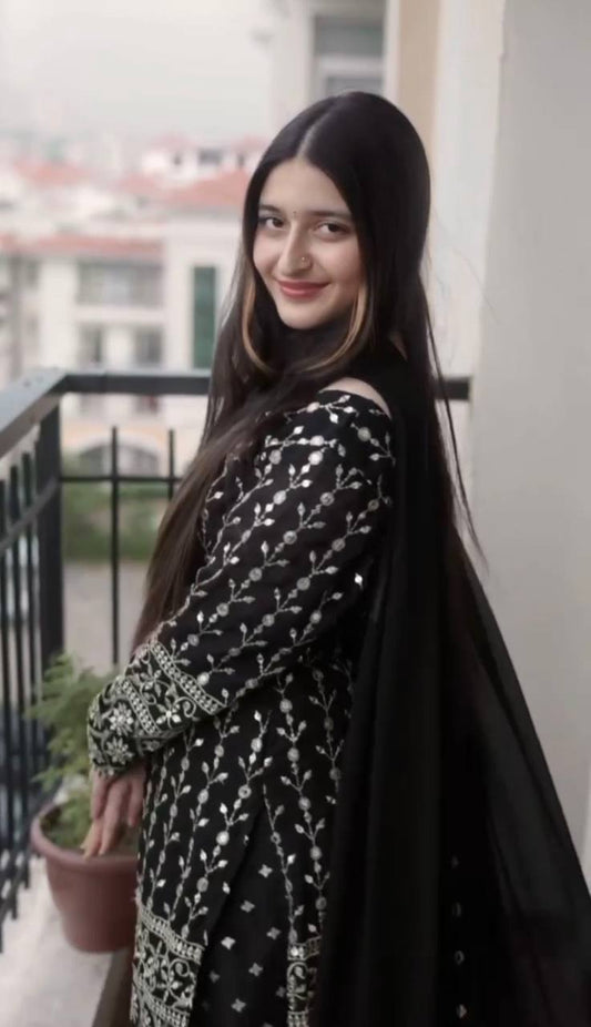 Punjabi Style Black Color Heavy Work Kurti Set