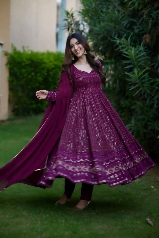 Imposing Embroidery Work Wine Color Anarkali Gown TD-6039