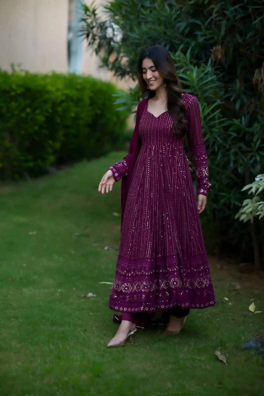 Gorgeous Work Wine Color Anarkali Gown