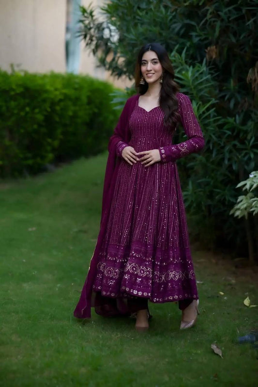 Gorgeous Work Wine Color Anarkali Gown