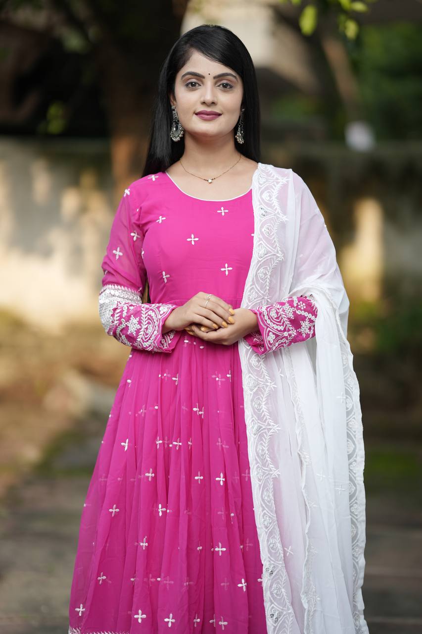 Wonderful Georgette Pink Color Embroidery Work Gown TD-6040