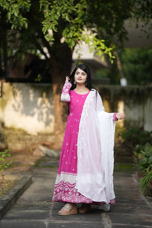 Wonderful Georgette Pink Color Embroidery Work Gown TD-6040