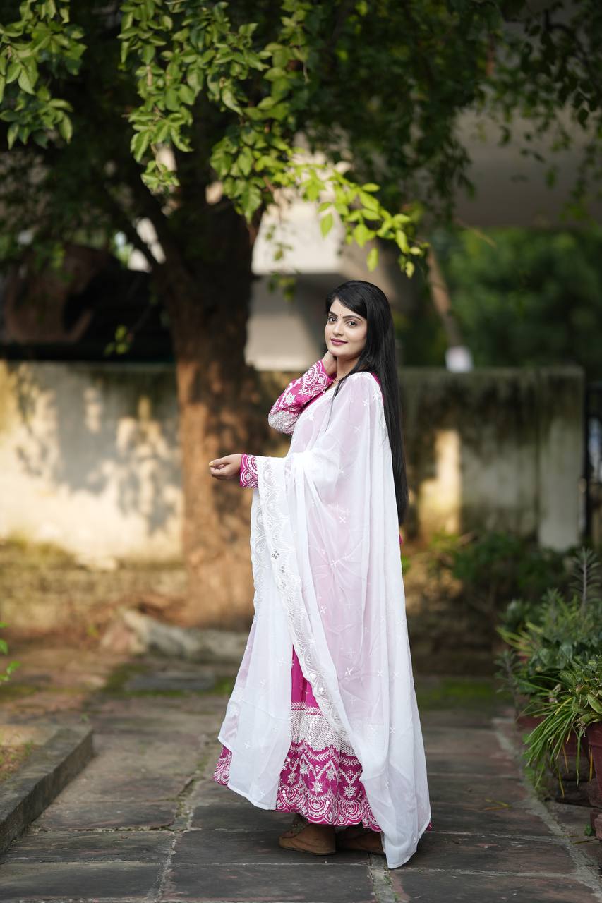 Wonderful Georgette Pink Color Embroidery Work Gown TD-6040