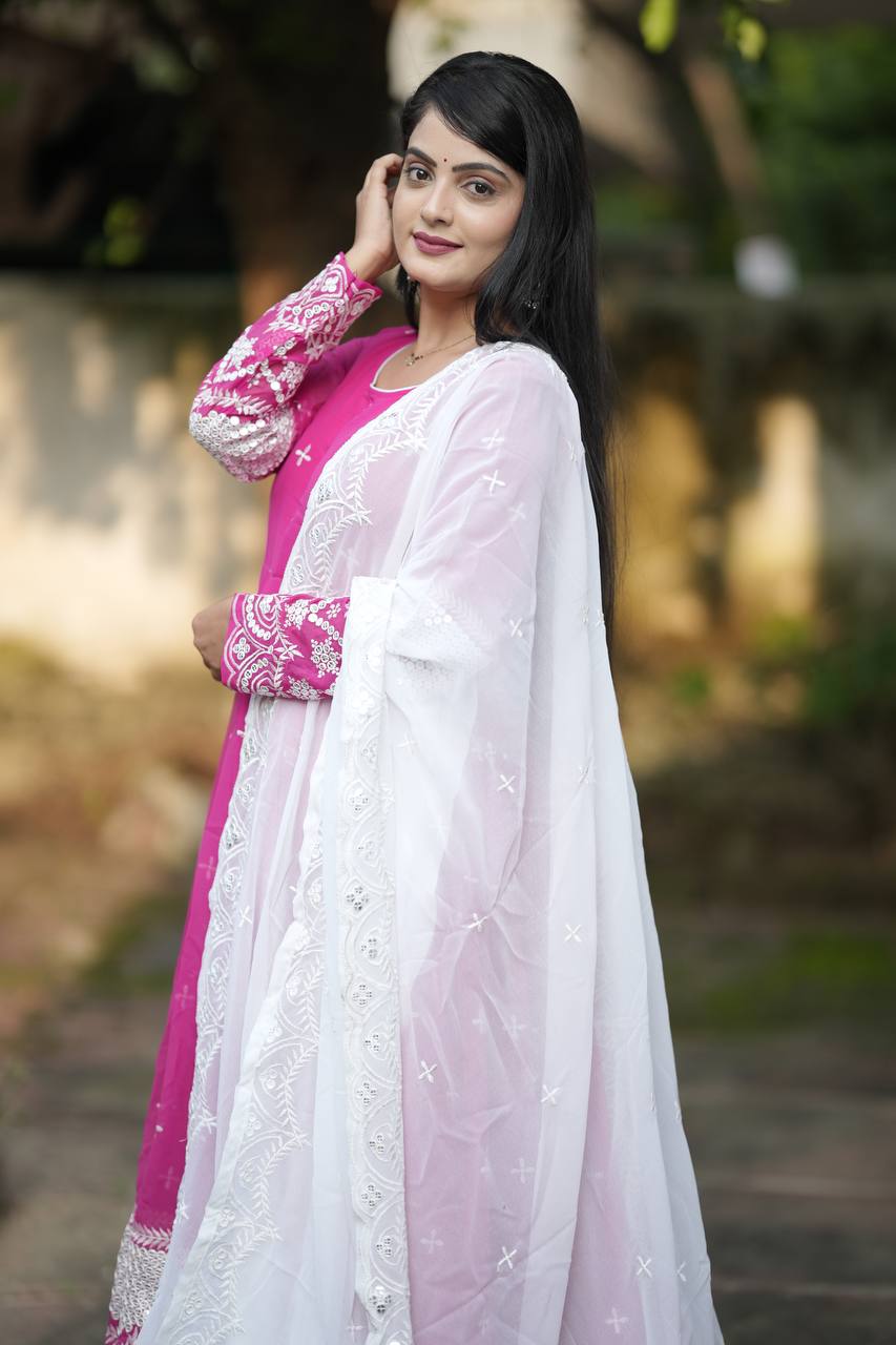 Wonderful Georgette Pink Color Embroidery Work Gown TD-6040