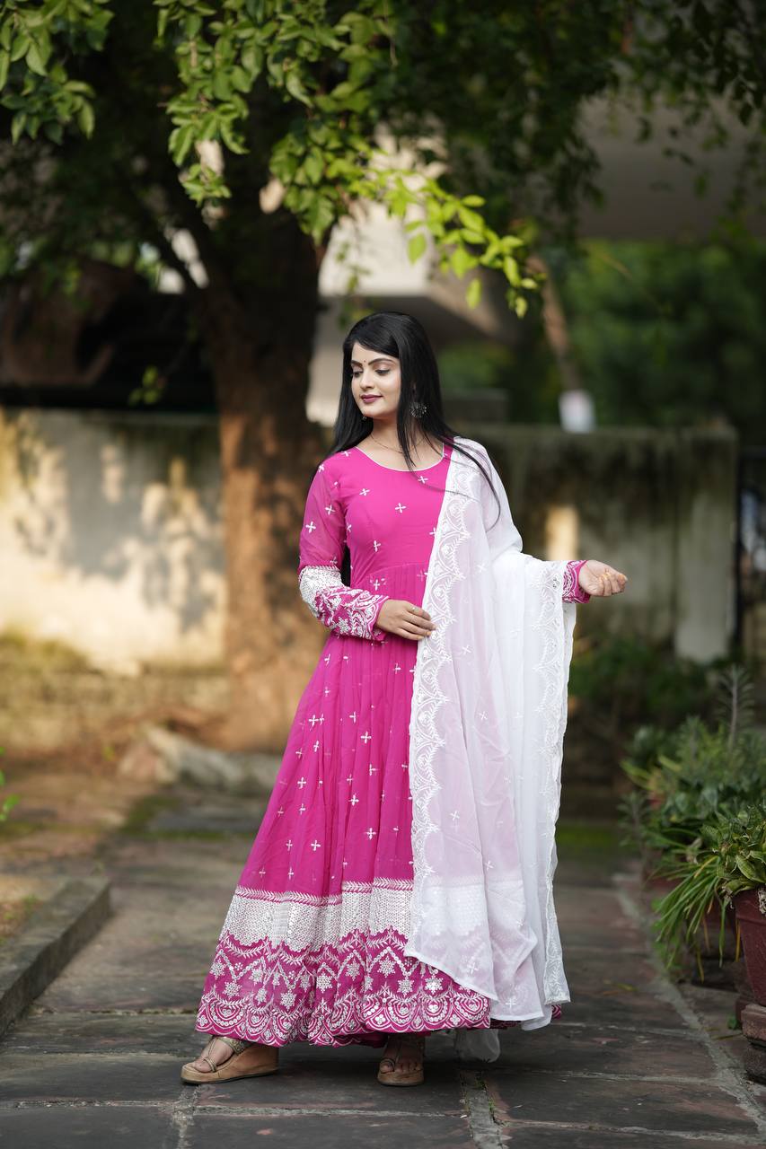 Wonderful Georgette Pink Color Embroidery Work Gown TD-6040