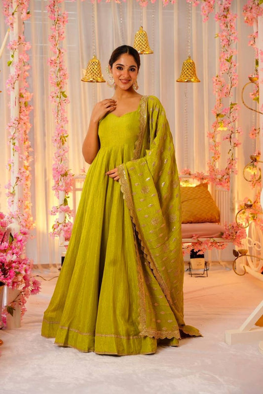 Stunning Mustard Color Roman Silk Long Gown