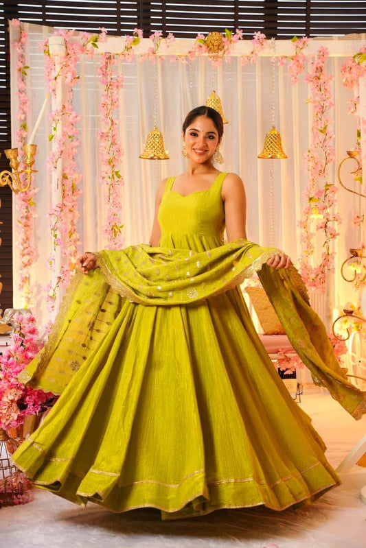 Stunning Mustard Color Roman Silk Long Gown