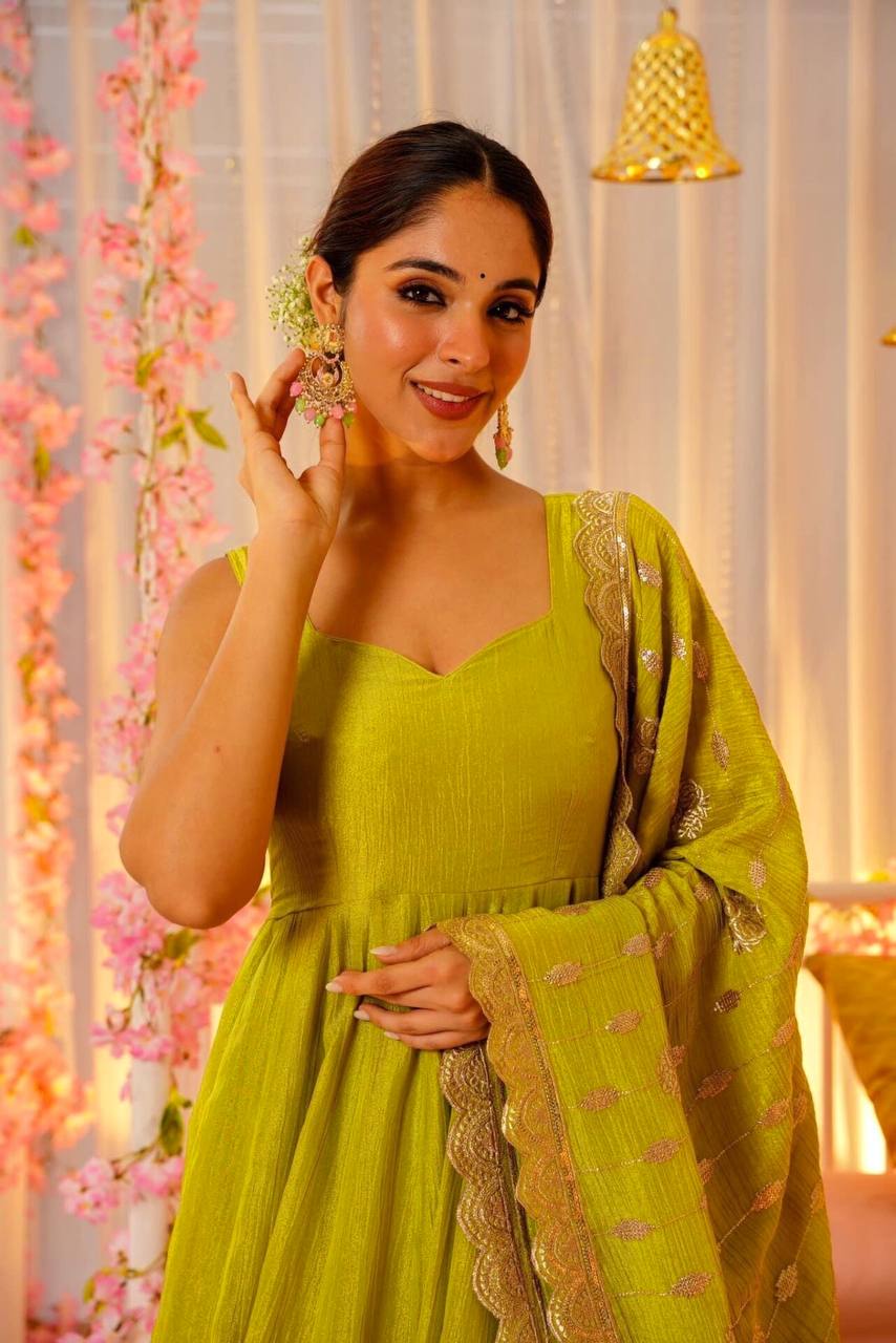 Precious Roman Silk Mustard Color Long Gown TD-6041