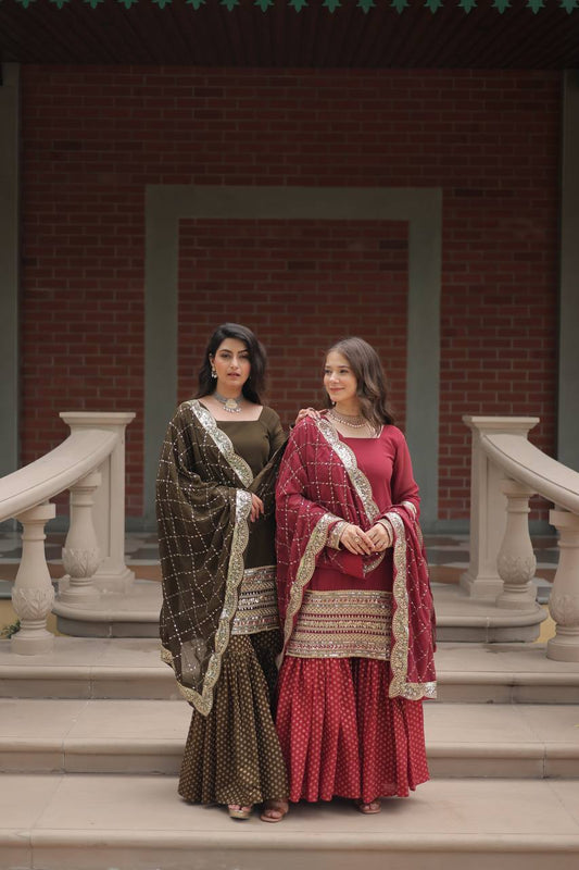 Decent Georgette Mehndi And Maroon Color Top With  Sharara Suit